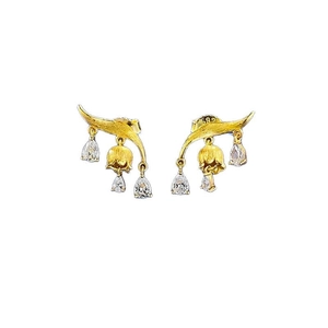 Golden lily of the valley tassel earrings with frosted metal finish and crystal drops