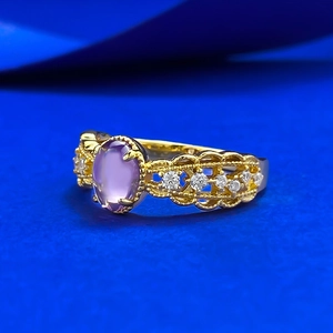 Vintage S925 silver ring with oval purple gemstone and lace-hollow golden band