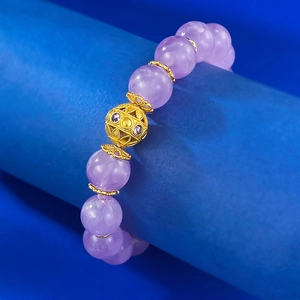 Elegant 10mm lavender amethyst beaded bracelet with hollow gold-plated floral spacer bead