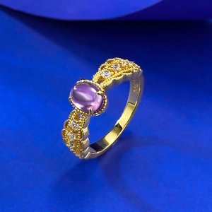 Vintage S925 silver lace ring with oval violet gemstone and hollow gold engraving