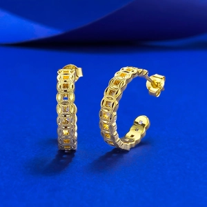 Retro S925 Sterling Silver Gold Plated Ancient Coin Hoop Earrings For Women C-Shaped Hollow Geometric Jewelry Gift