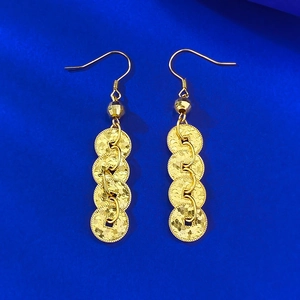 S925 silver gold-plated CNC coin drop earrings on a royal blue background