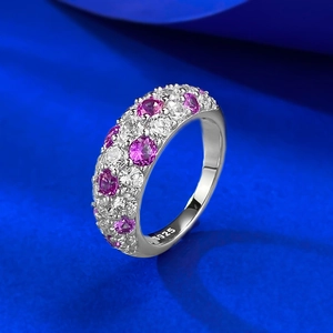 Elegant 925 Sterling Silver Pink White Rhinestone Full Inlaid Multi-row Half Band Ring For Women Fashion Wedding Party Jewelry