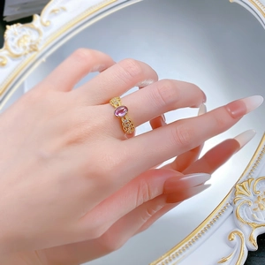 Vintage style S925 silver ring with oval purple gemstone and hollow lace filigree
