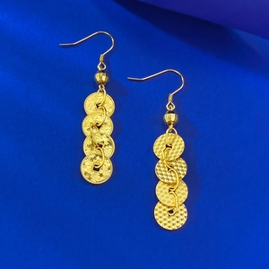 Elegant gold drop earrings with textured circular discs and vintage Chinese style design
