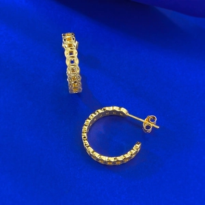S925 silver gold-plated hollow coin C-hoop earrings in vintage geometric style