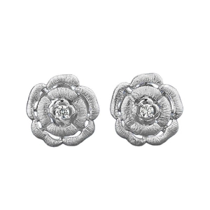 Elegant S925 silver camellia stud earrings with brushed petals and center zircon