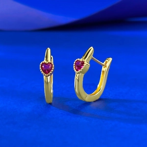925 Sterling Silver Heart Huggie Earrings Red Rhinestone Gilt French Light Luxury Small Hoop Earrings For Women Jewelry Gift