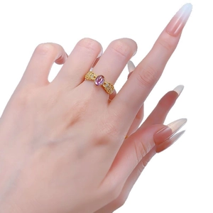 Vintage style S925 silver lace ring with oval purple gemstone and hollow gold-plated band