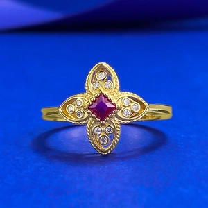S925 Sterling Silver Flower Ring For Women Gold Plated Square Red Stone With White Rhinestones Elegant Finger Ring Jewelry Gift