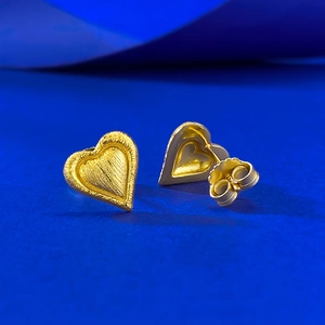 Elegant gold-plated S925 silver heart stud earrings with a brushed matte texture