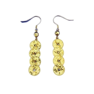 S925 silver gold plated long hook earrings with hammered tiered coin design