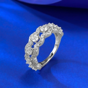 Close-up of S925 silver double-layer lace ring with wavy pavé-set shimmering crystals