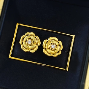 Elegant 18k gold plated S925 silver camellia stud earrings with brushed texture details
