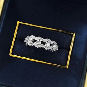 S925 silver double-layer lace wave ring with brilliant diamonds in a blue velvet box