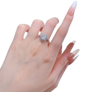 Elegant silver rectangle cut faux diamond engagement ring with double halo pave setting