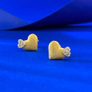 S925 silver heart stud earrings with brushed gold finish and sparkling zircon pavé detail