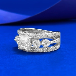 S925 sterling silver princess cut CZ ring with three-row pavé band in luxury design