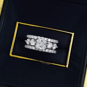 Luxury S925 silver 3-piece wedding ring set with princess cut simulated diamond stones