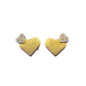 Brushed gold S925 silver heart stud earrings with sparkling pave-set crystal accents