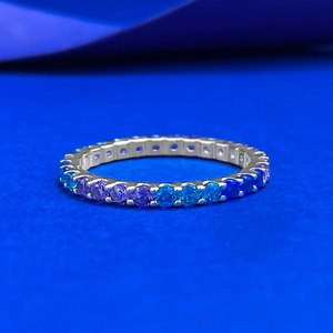 S925 Sterling Silver Blue Lavender Gradient Eternity Ring For Women Bohemian Style Rhinestone Pave Band Ring Jewelry Gift