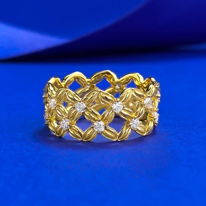 Bague Fleur Ajourée en Argent Sterling S925 Plaqué Or pour Femme Bague Large avec Incrustation de Strass et Motif Maillage Géométrique