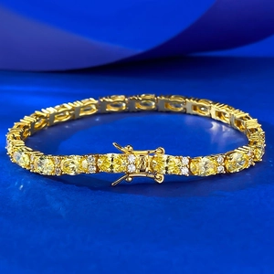 Luxuriöses 925 Sterlingsilber Vergoldetes Tennis Armband Gelber Ovaler Strass Gliederkette Für Damen Schmuck Zubehör