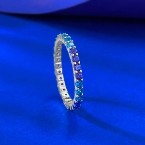 S925 silver eternity ring with gradient purple and blue gemstone pavé setting