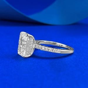 Luxury S925 sterling silver ring with large emerald cut carbon diamond on blue silk base