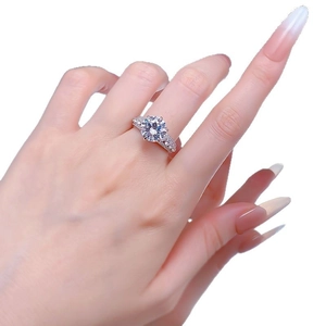 S925 silver 10mm round brilliant cut diamond ring with multi-row pavé band in 6-prong setting