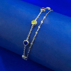 Double-layer S925 silver bracelet with heart chain and colorful round crystals