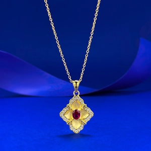 Vintage 925 Sterling Silver Gold Plated Rhombus Flower Pendant Necklace With Red Rhinestone For Women Elegant Jewelry Gift