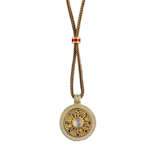 Vintage S925 silver oriental compass pendant necklace with gold plating and brown cord