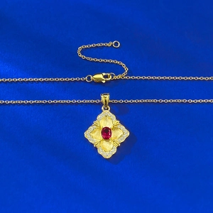 Vintage S925 silver gilded necklace with red ruby gemstone and floral clover pendant