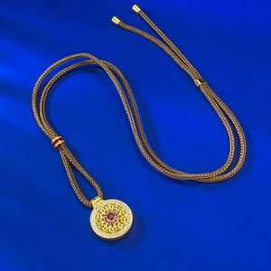 Chinese style S925 silver gold-plated compass pendant with red ruby inlay and silk cord