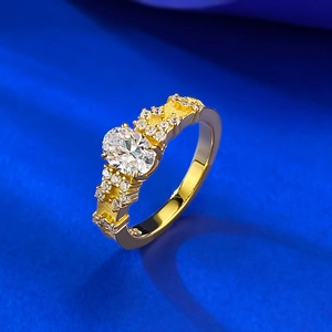 S925 silver gold-plated ring with oval white gemstone and brushed metal finish