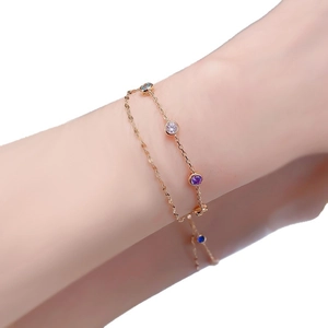 Elegant double-layered S925 silver gold bracelet with colorful zircon and adjustable clasp