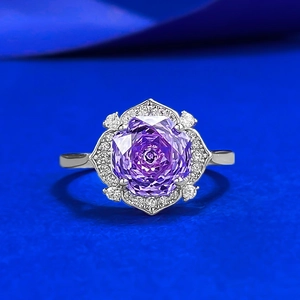 S925 Sterling Silver Purple Flower Ring For Women Millennium Rose Cut Geometric Rhinestone Inlaid Fashion Jewelry Gift