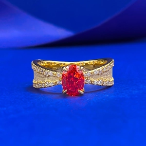 Anello in Argento Sterling 925 per Donna Lusso Ovale Pietra Arancione Rossa Intarsiato con Strass Gioielli alla Moda Placcati Regalo