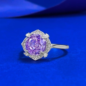 Elegant S925 silver flower ring with a large round purple crystal and diamond halo