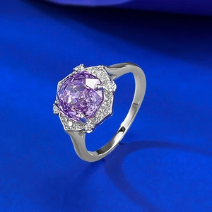 Elegant S925 silver ring with 8x8mm purple rose-cut carbon diamond and halo clusters