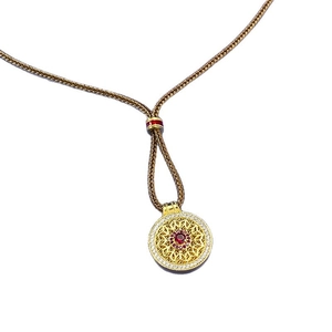 Vintage gold S925 silver necklace with red stone pendant and woven brown cord