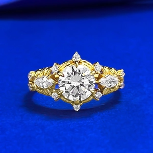 Vintage 925 Sterling Silver Gold Plated Ring For Women Round White Rhinestone Marquise Side Stones Twisted Band Jewelry