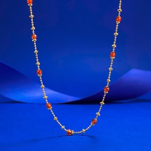 S925 silver gold beaded necklace with vibrant orange-red faceted gemstone charms