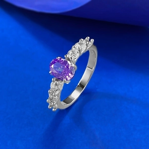 S925 sterling silver ring with oval purple gemstone and small side diamonds