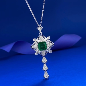 Vintage S925 silver emerald pendant necklace with blue crystals on silk ribbon