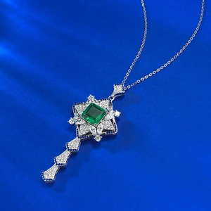 Luxury S925 silver necklace with emerald cut green gemstone and crystal floral pendant
