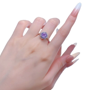 S925 silver ring for women featuring a rose-cut purple gemstone and diamond halo