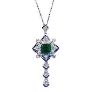 Vintage S925 silver necklace with 10x10mm square green gemstone and blue crystal halo