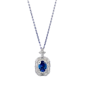 Luxueux collier en argent sterling S925 avec saphir bleu ovale et cristaux halo